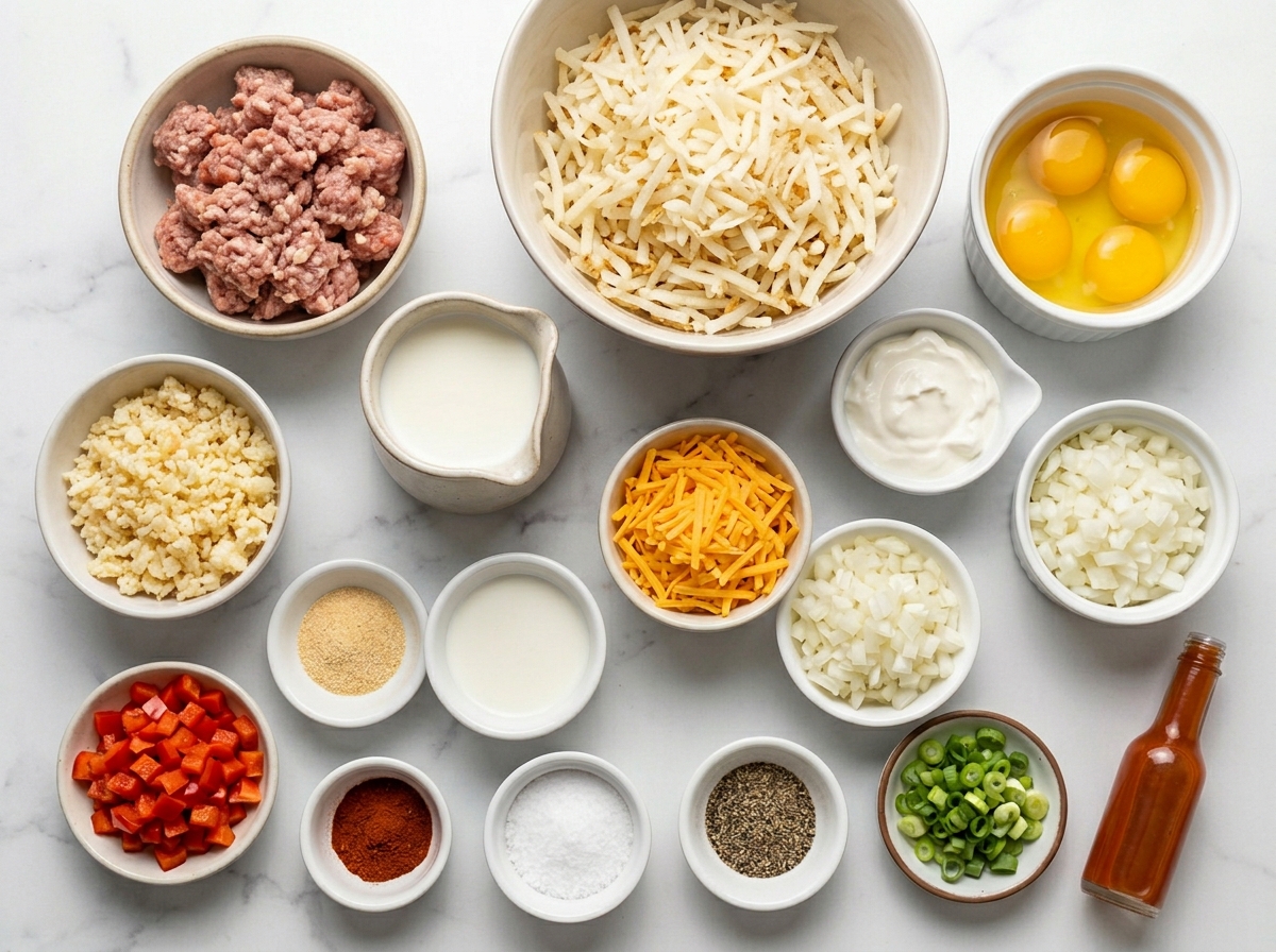 Ingredients for sausage hashbrown casserole with eggs, cheese, and potatoes