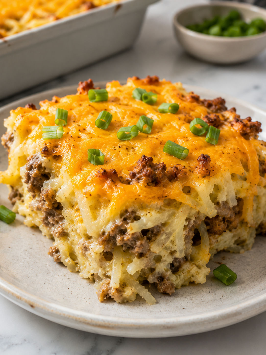 Delicious Sausage Hashbrown Casserole, plated and served