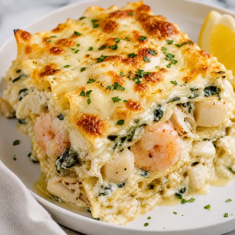 Creamy seafood lasagna slice with shrimp, crab, scallops, and parsley