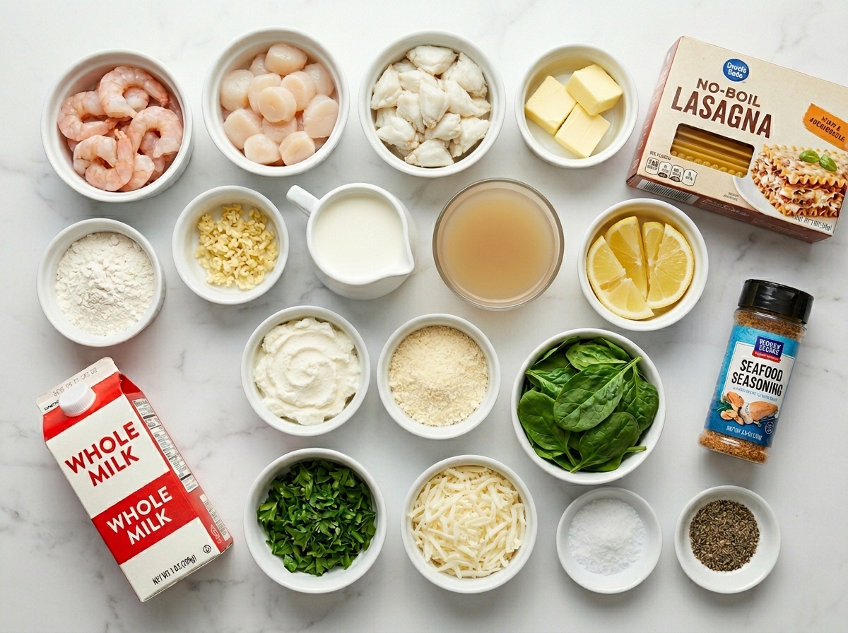 Ingredients for seafood lasagna with shrimp, crab, noodles, and cheeses