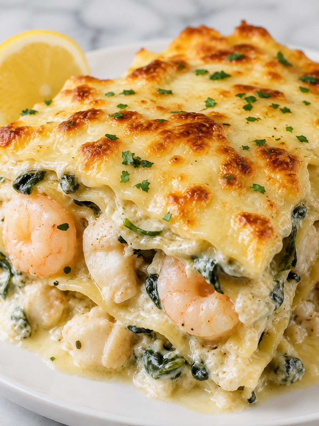 Delicious Seafood Lasagna, plated and served