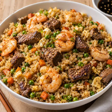 Shrimp and steak fried rice with egg, peas, carrots, and scallions