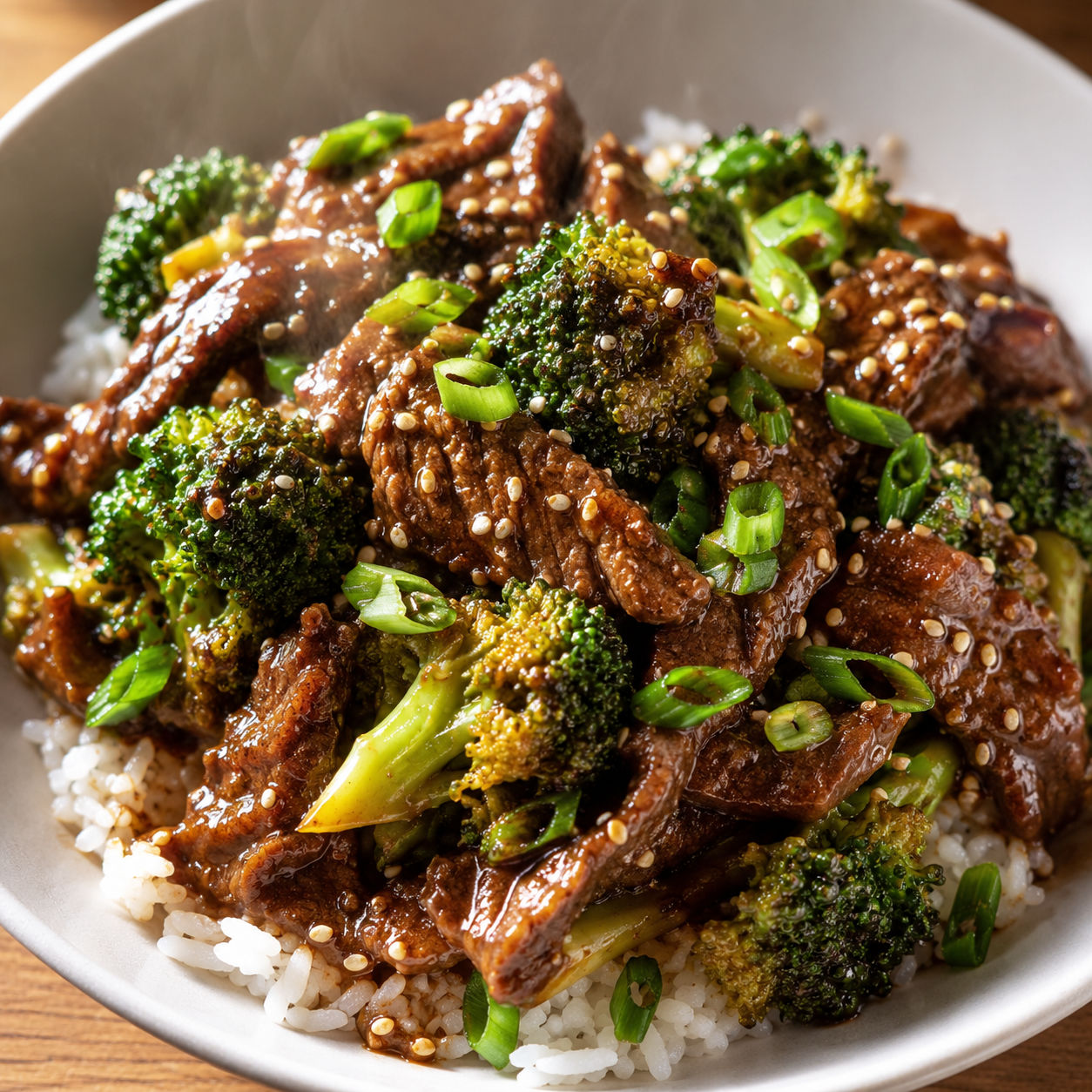 Slow cooker broccoli beef with sesame seeds and green onions over rice