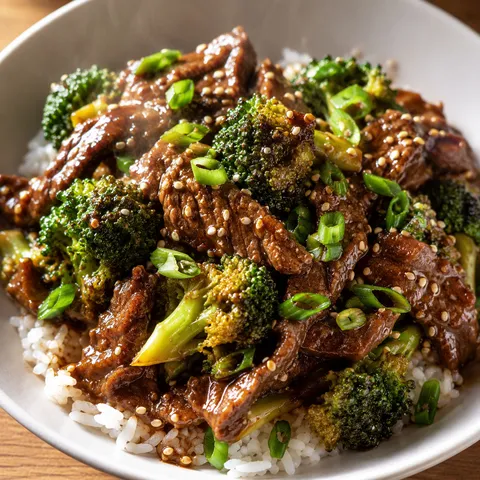 Slow cooker broccoli beef with sesame seeds and green onions over rice