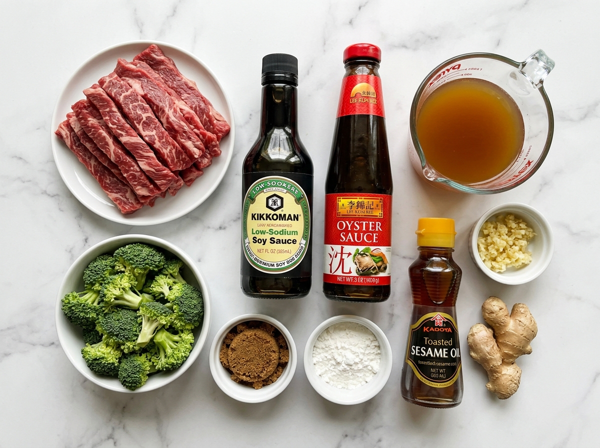 Raw ingredients for slow cooker broccoli beef on a wooden surface