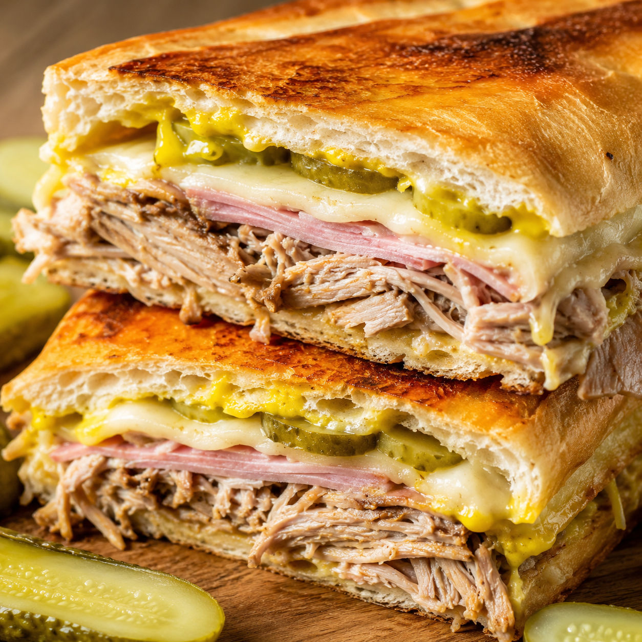 Pressed Cuban sandwiches with mojo pork, ham, Swiss, pickles, and mustard