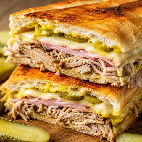 Pressed Cuban sandwiches with mojo pork, ham, Swiss, pickles, and mustard