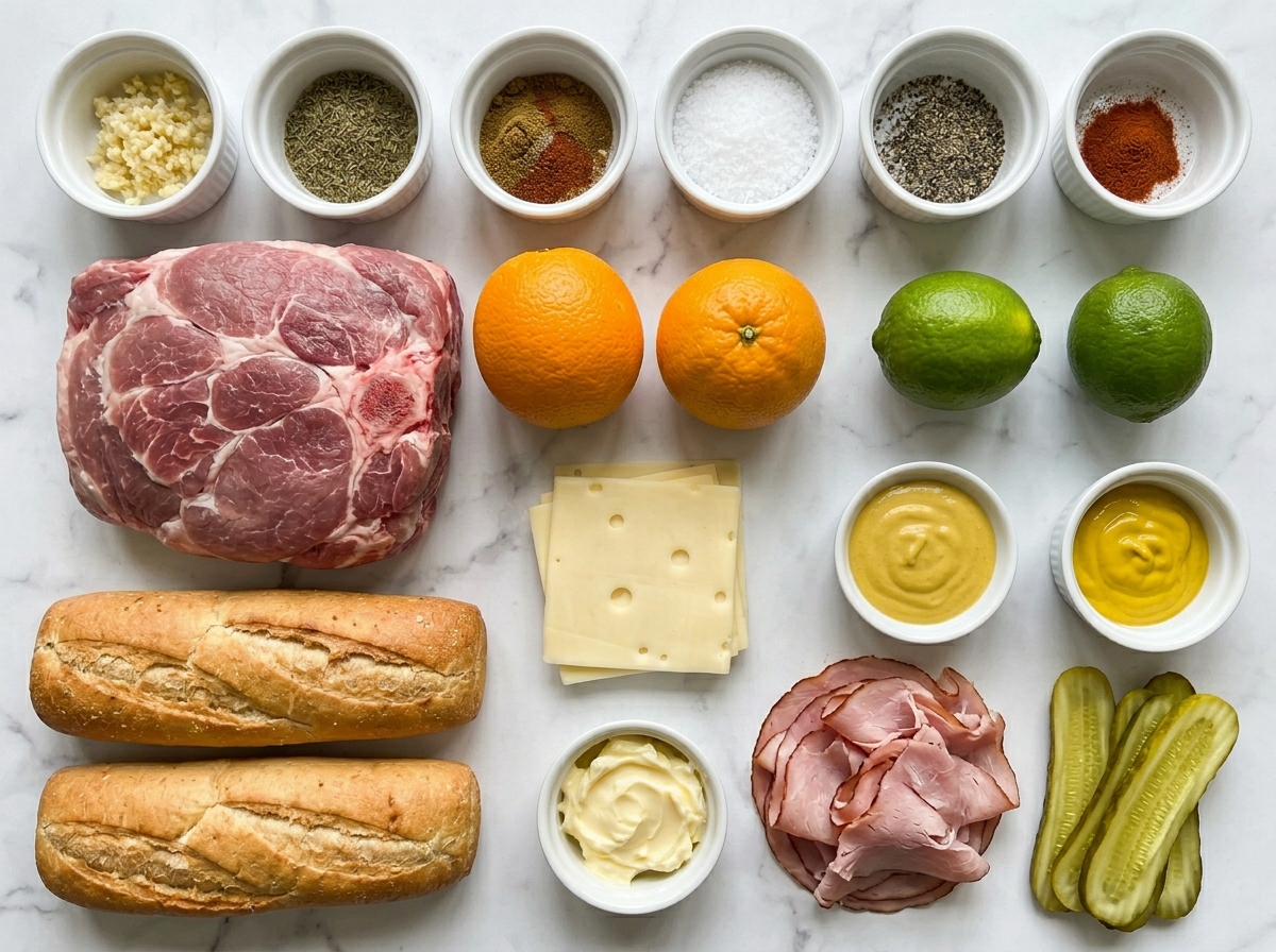 Ingredients for slow cooker Cuban sandwiches with pork, bread, ham, cheese, and pickles