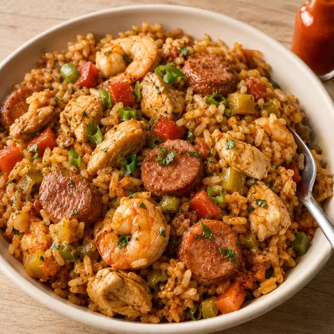 Slow cooker jambalaya with shrimp, chicken, sausage and parsley