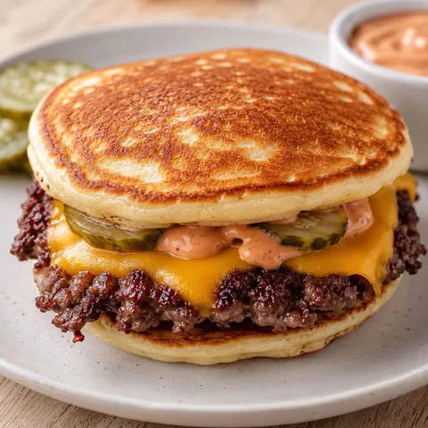 Smash burger pancakes with melted cheese, pickles, and burger sauce