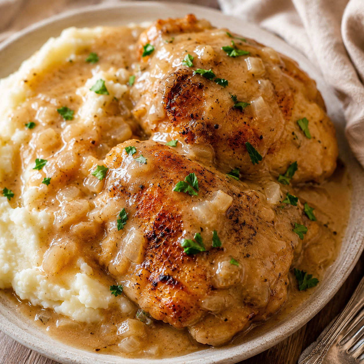 Smothered chicken thighs with creamy onion gravy over mashed potatoes
