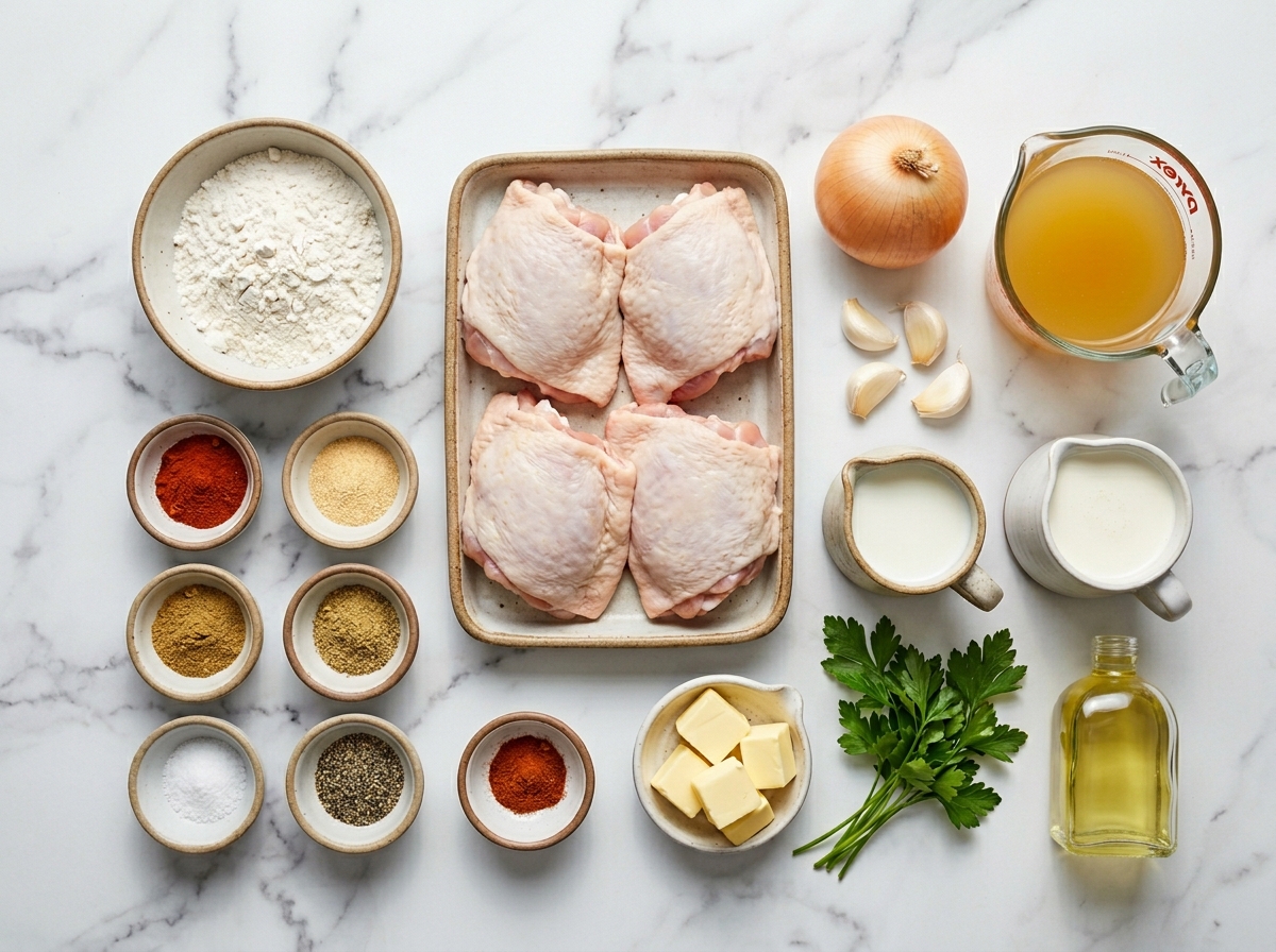Ingredients for smothered chicken thighs with creamy gravy on a counter