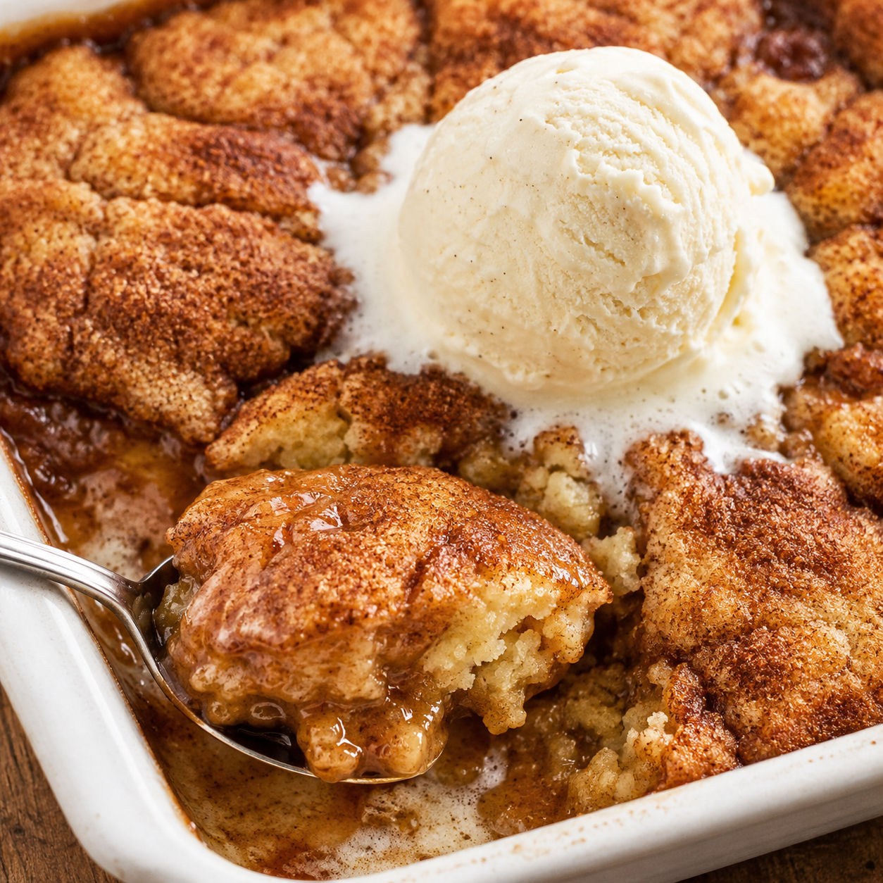 Warm snickerdoodle cobbler with cinnamon sugar top and vanilla ice cream