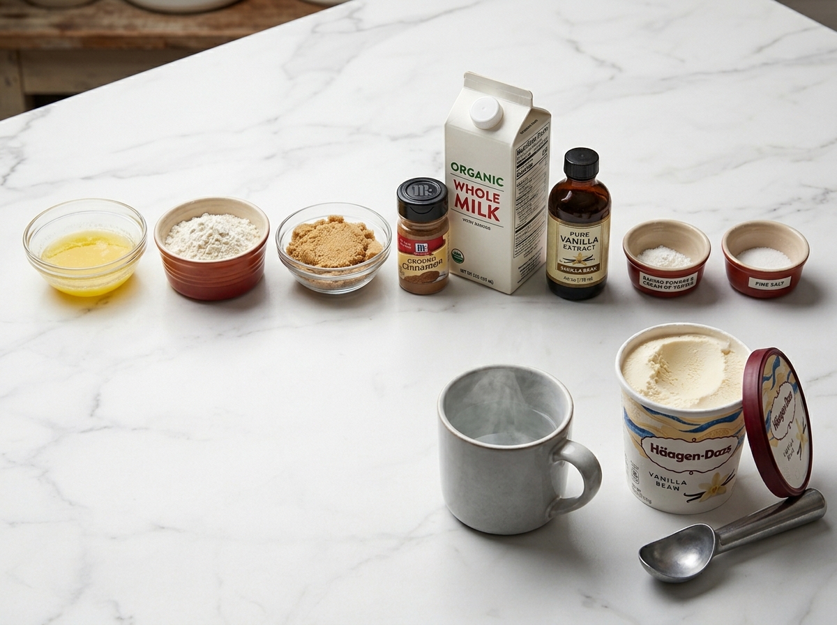 Ingredients for snickerdoodle cobbler with flour, cinnamon, butter and milk