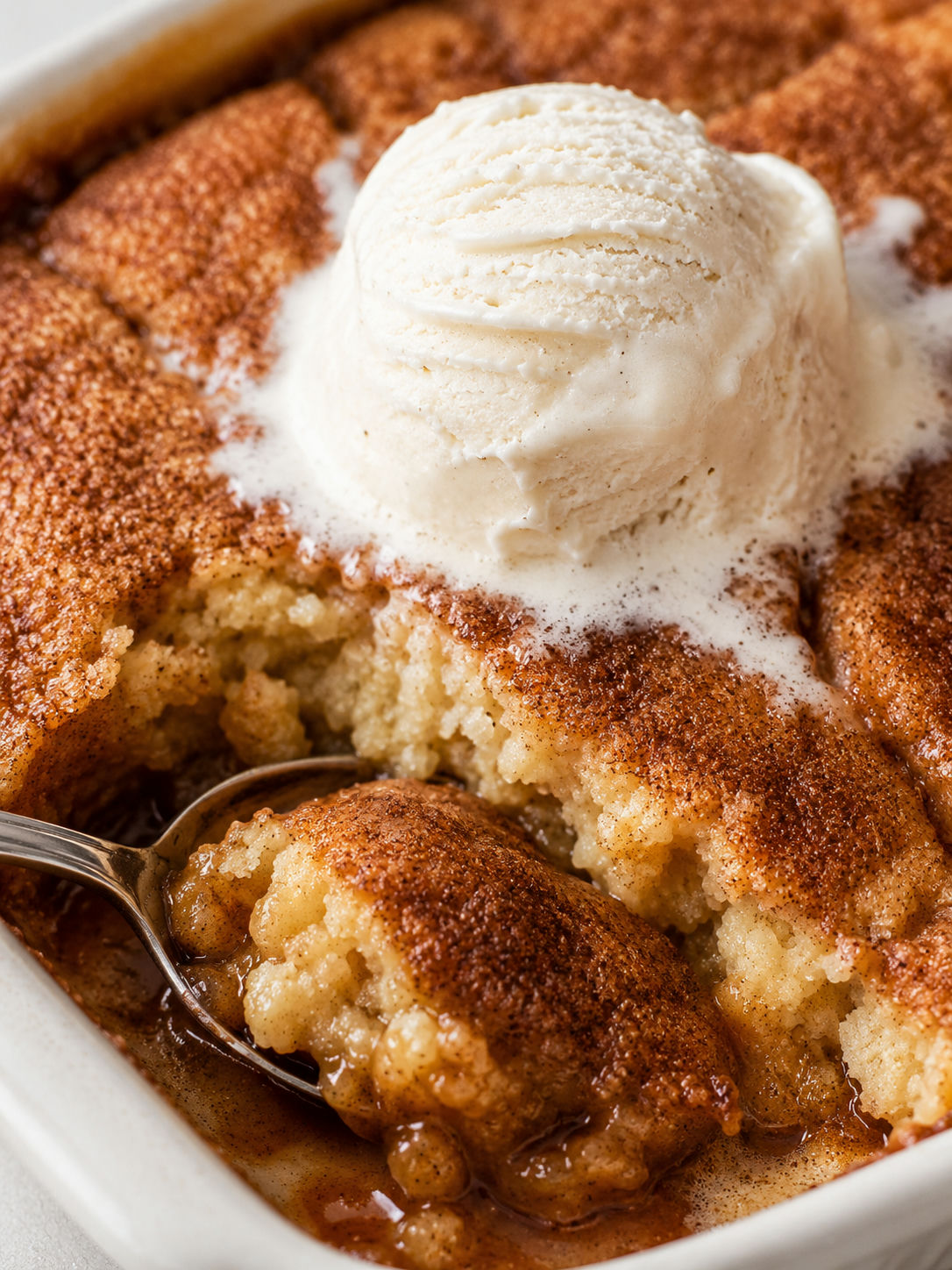 Delicious Snickerdoodle Cobbler, plated and served