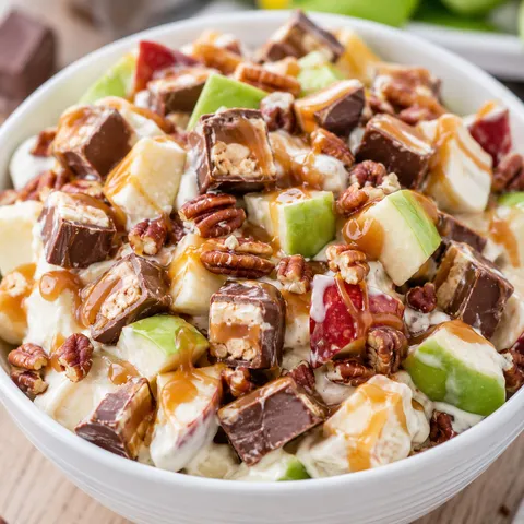 Snickers salad with apples, caramel drizzle, and chopped candy in a white bowl