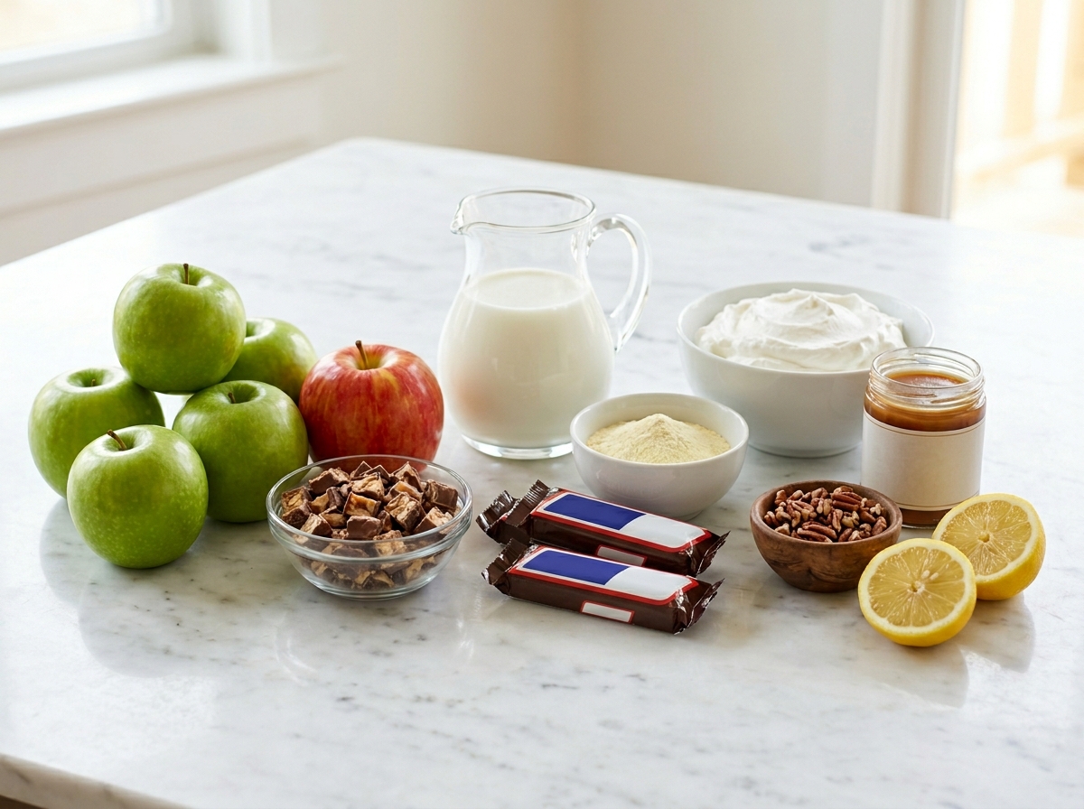 Ingredients for Snickers salad with apples, candy bars, pudding, and caramel