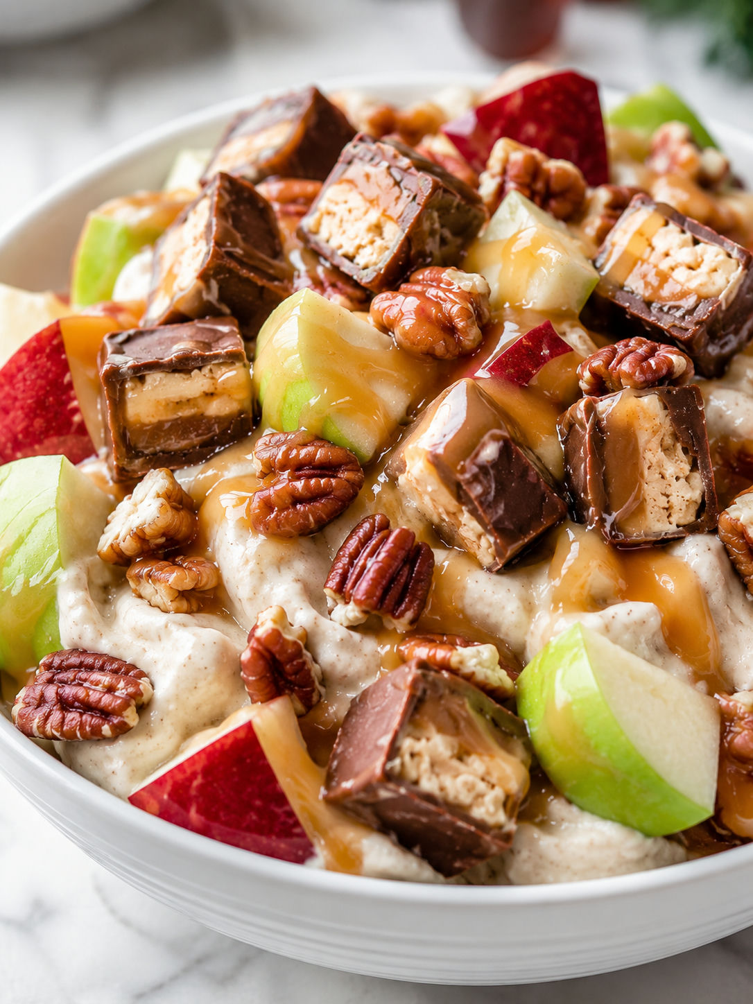 Delicious Snickers Salad, plated and served
