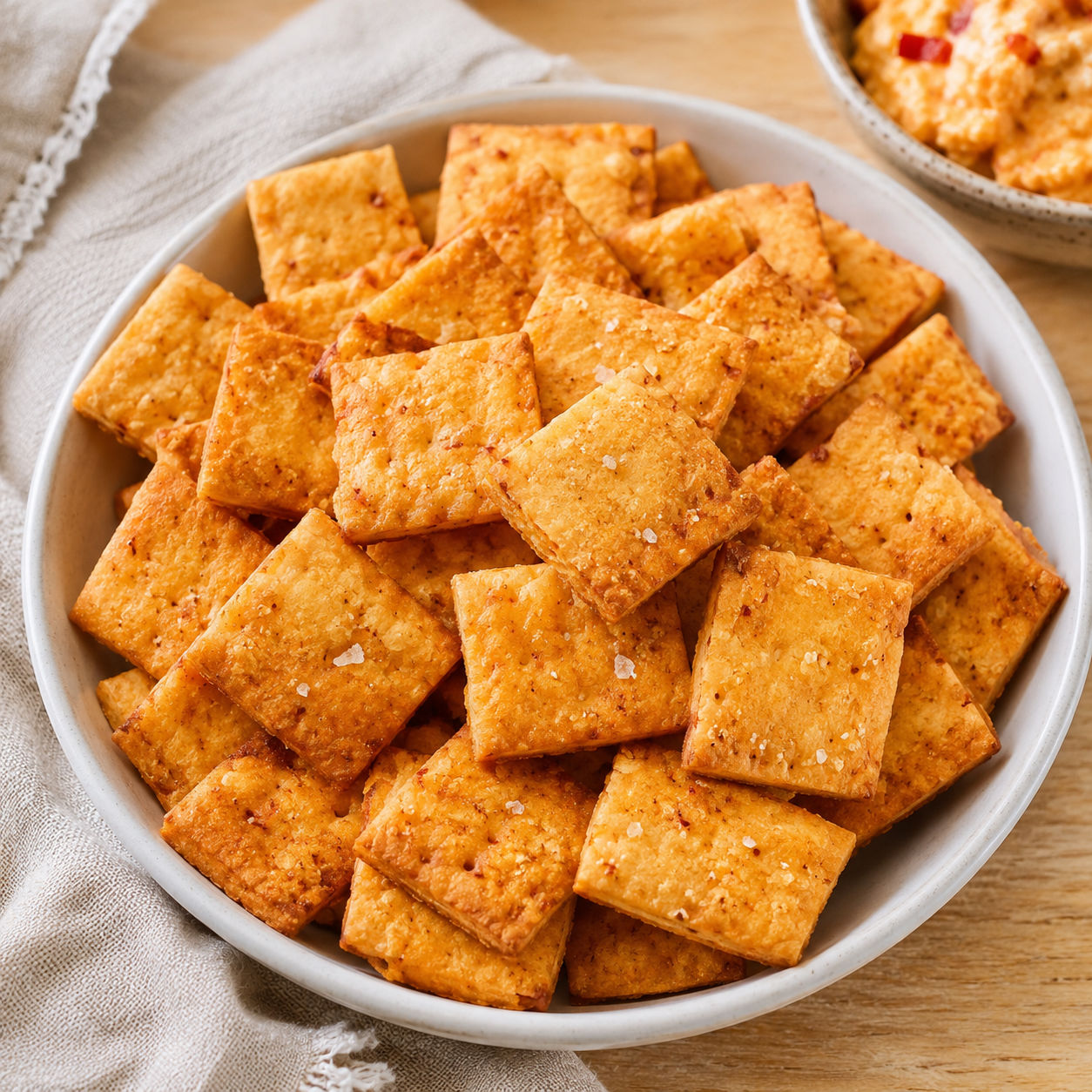 Golden Southern cheddar cheese crackers in a white bowl with flaky salt