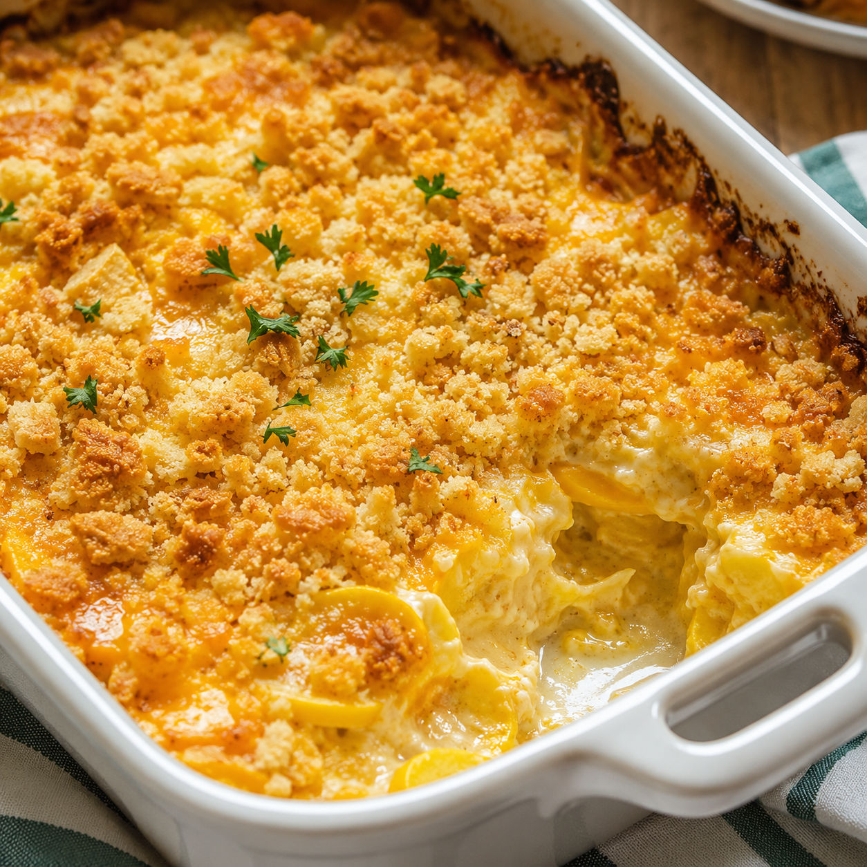 Southern squash casserole with golden Ritz cracker topping in a white baking dish