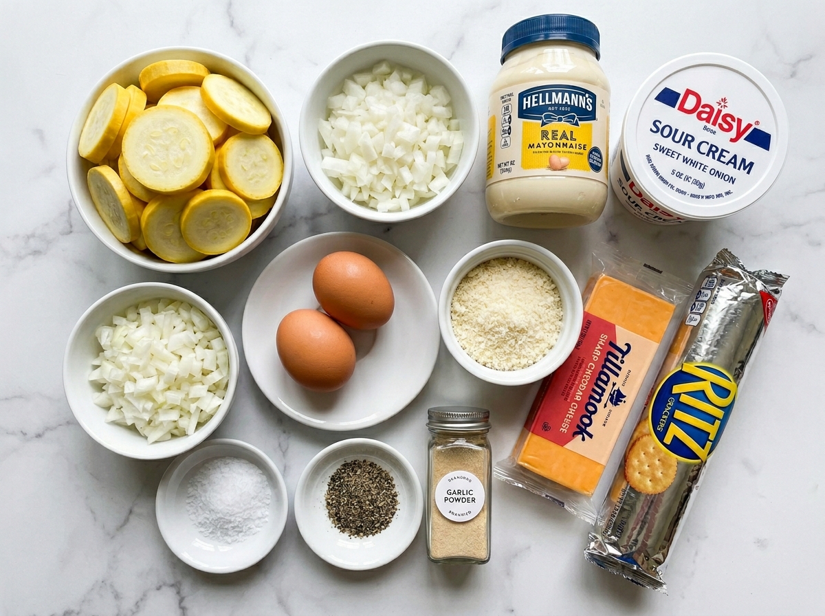 Raw ingredients for Southern squash casserole on a wooden surface