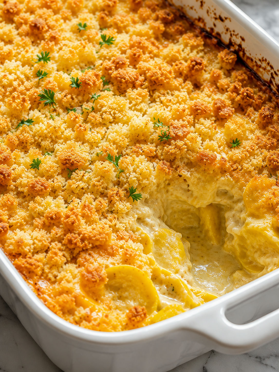 Delicious Southern Squash Casserole, plated and served