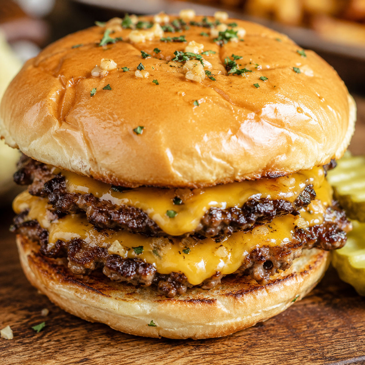 Garlic double steakburger with melted cheese on a toasted bun