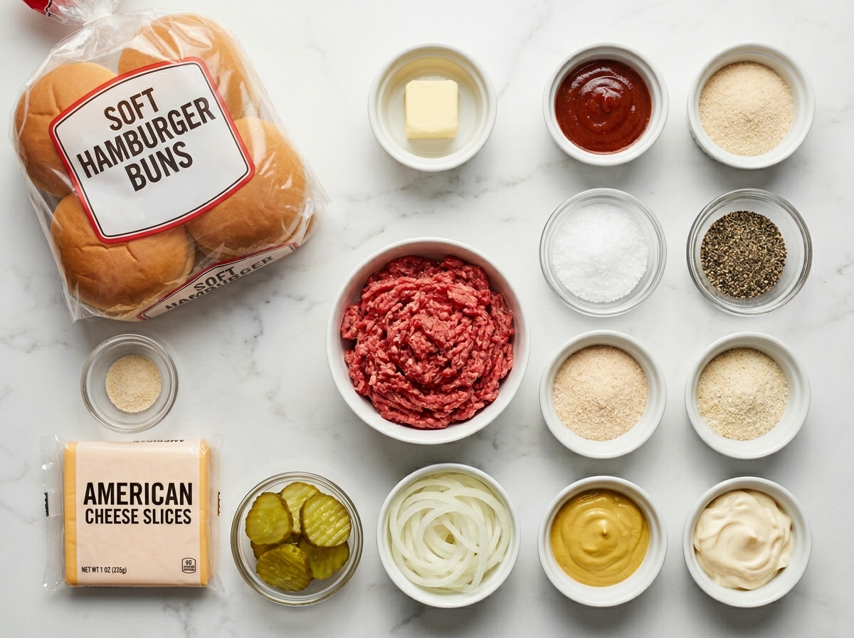 Ingredients for garlic double steakburgers with beef, buns, cheese, and garlic butter