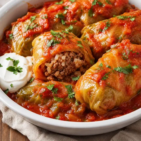 Stuffed cabbage rolls in tomato sauce with parsley and sour cream