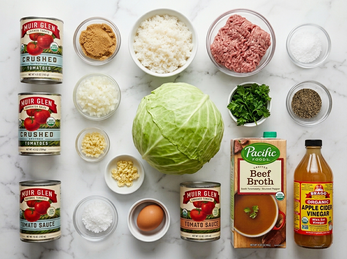 Ingredients for stuffed cabbage rolls with cabbage beef rice and tomato sauce
