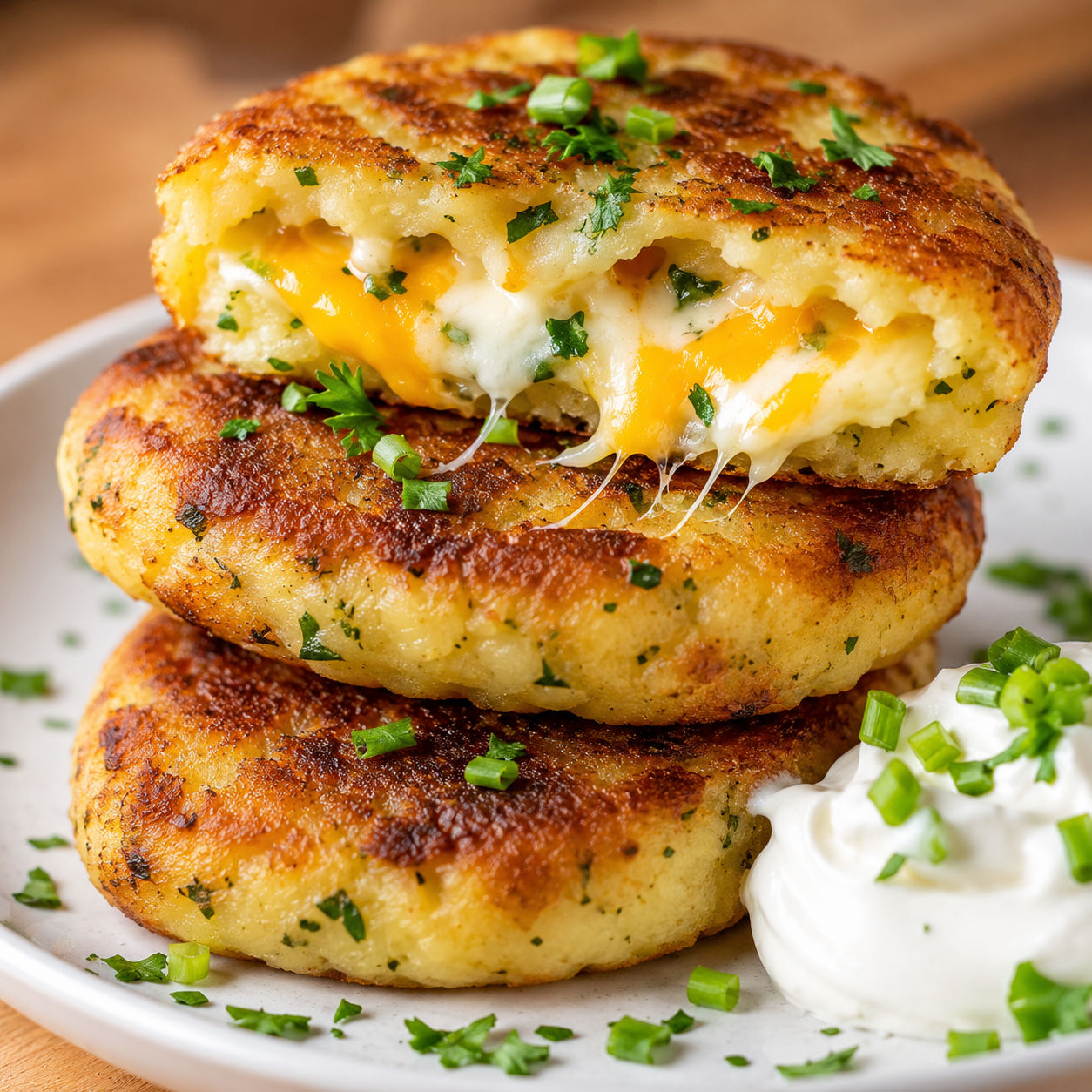 Golden stuffed potato cakes with melted cheese and herbs on a white plate