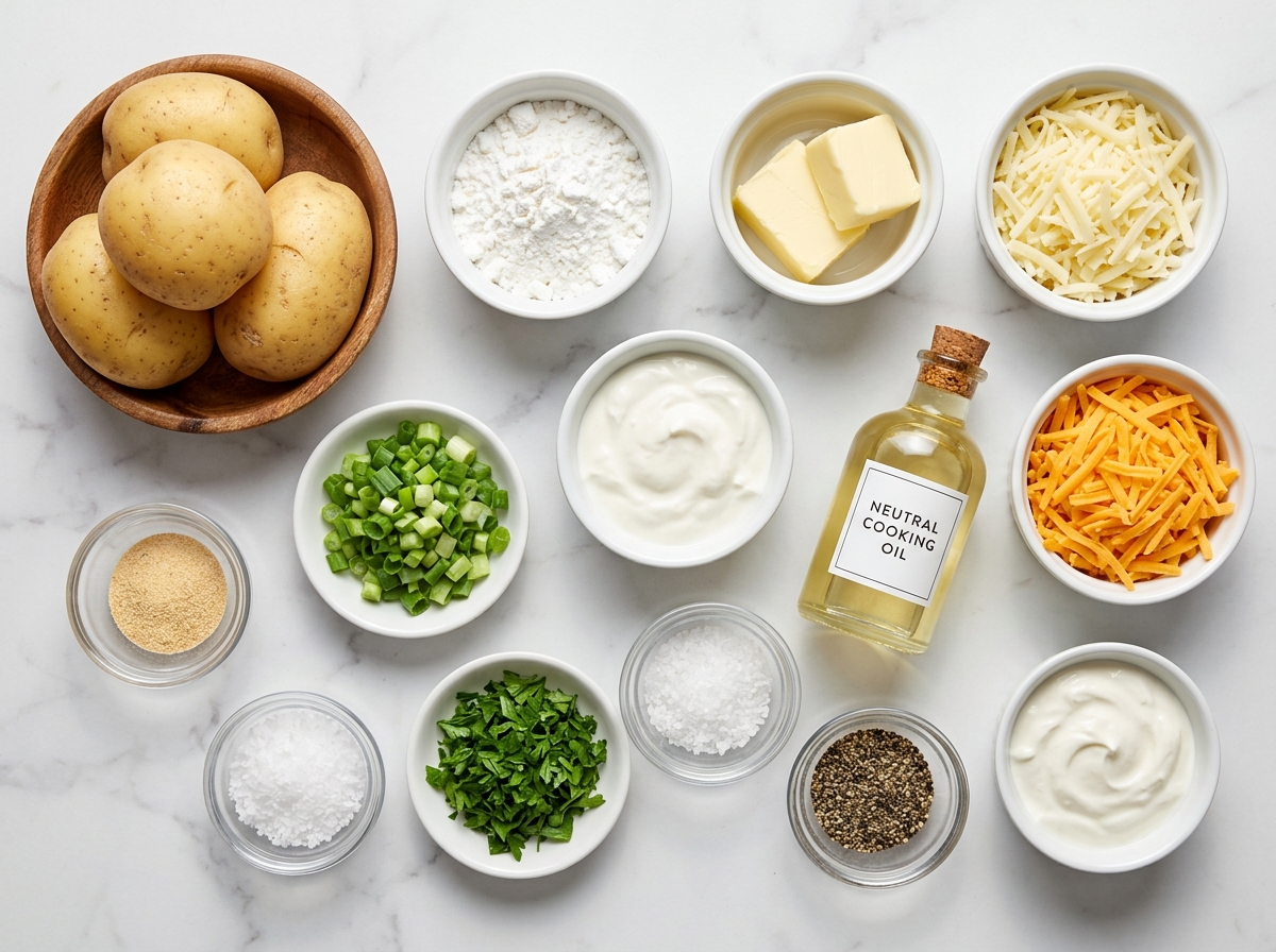 Potatoes, cheeses, herbs, sour cream, and starch for stuffed potato cakes