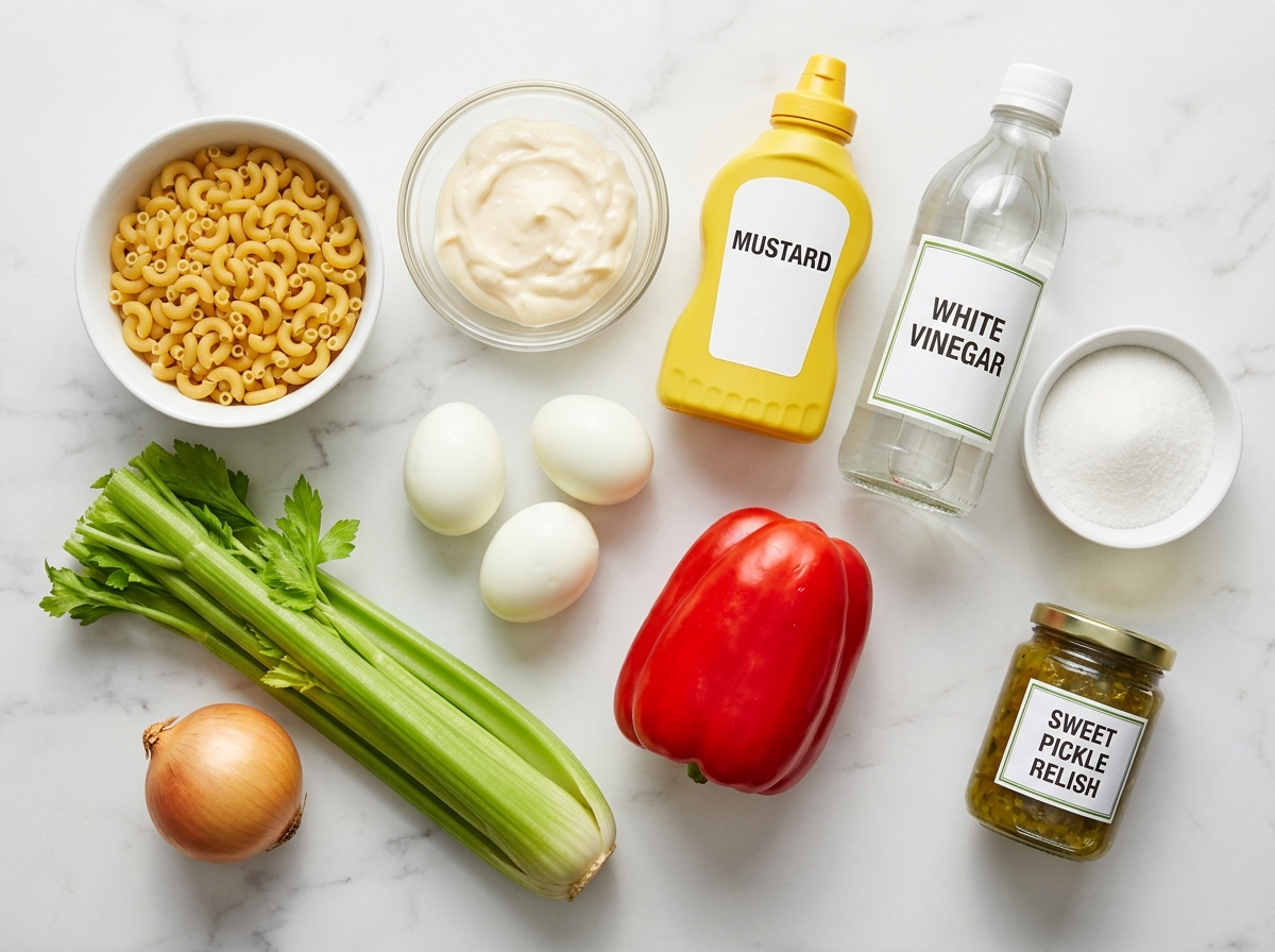 Raw ingredients for sweet macaroni salad on a light wooden counter