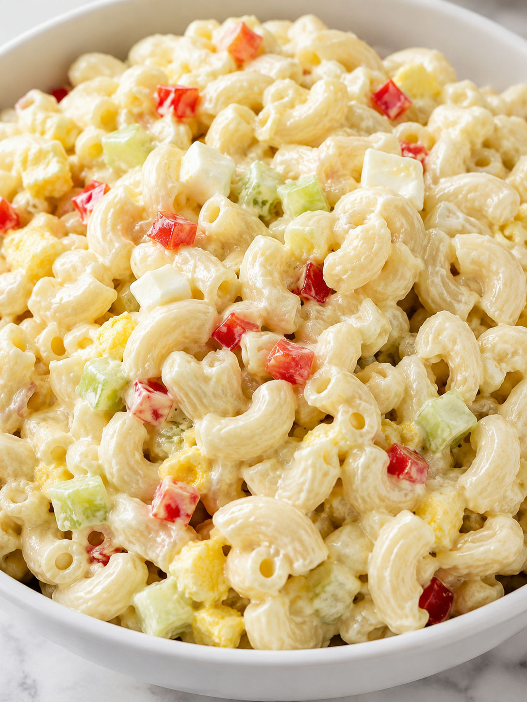 Delicious Sweet Macaroni Salad, plated and served
