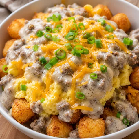 Tater tot breakfast bowl with sausage gravy, scrambled eggs, and cheddar