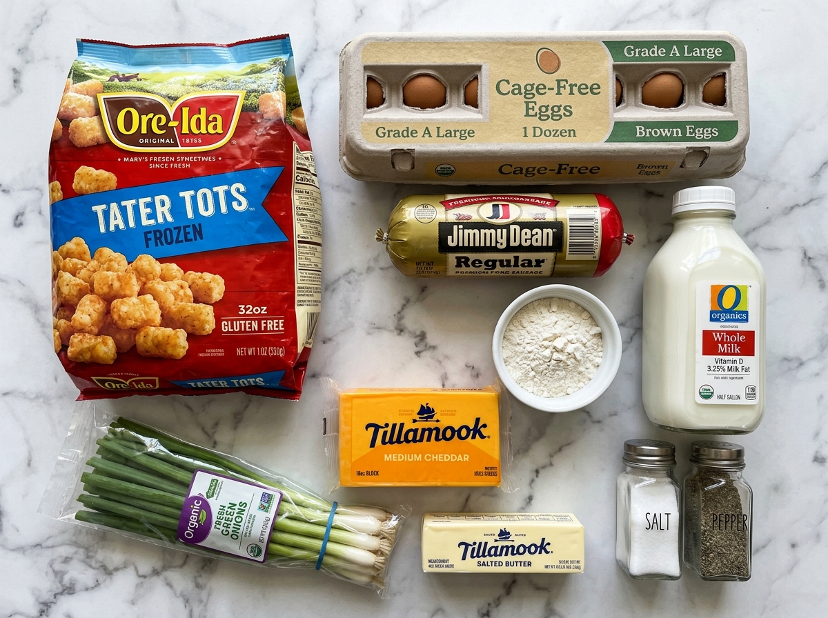 Raw ingredients for tater tot breakfast bowl with sausage gravy on a wooden board