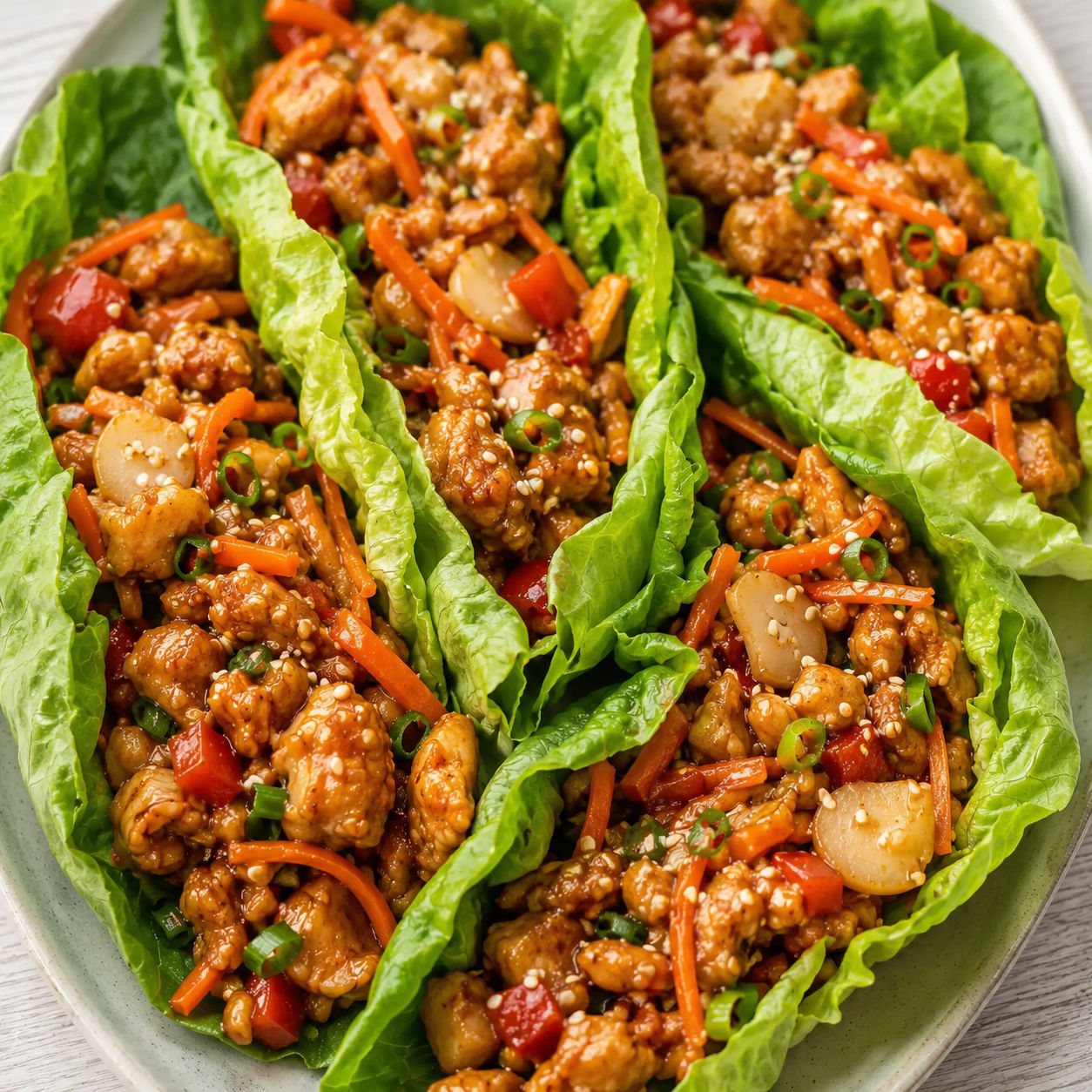 Teriyaki chicken lettuce wraps with carrots, peppers, green onions, and sesame