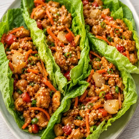 Teriyaki chicken lettuce wraps with carrots, peppers, green onions, and sesame