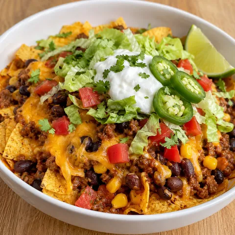 Walking taco casserole with corn chips, cheddar, lettuce, and sour cream