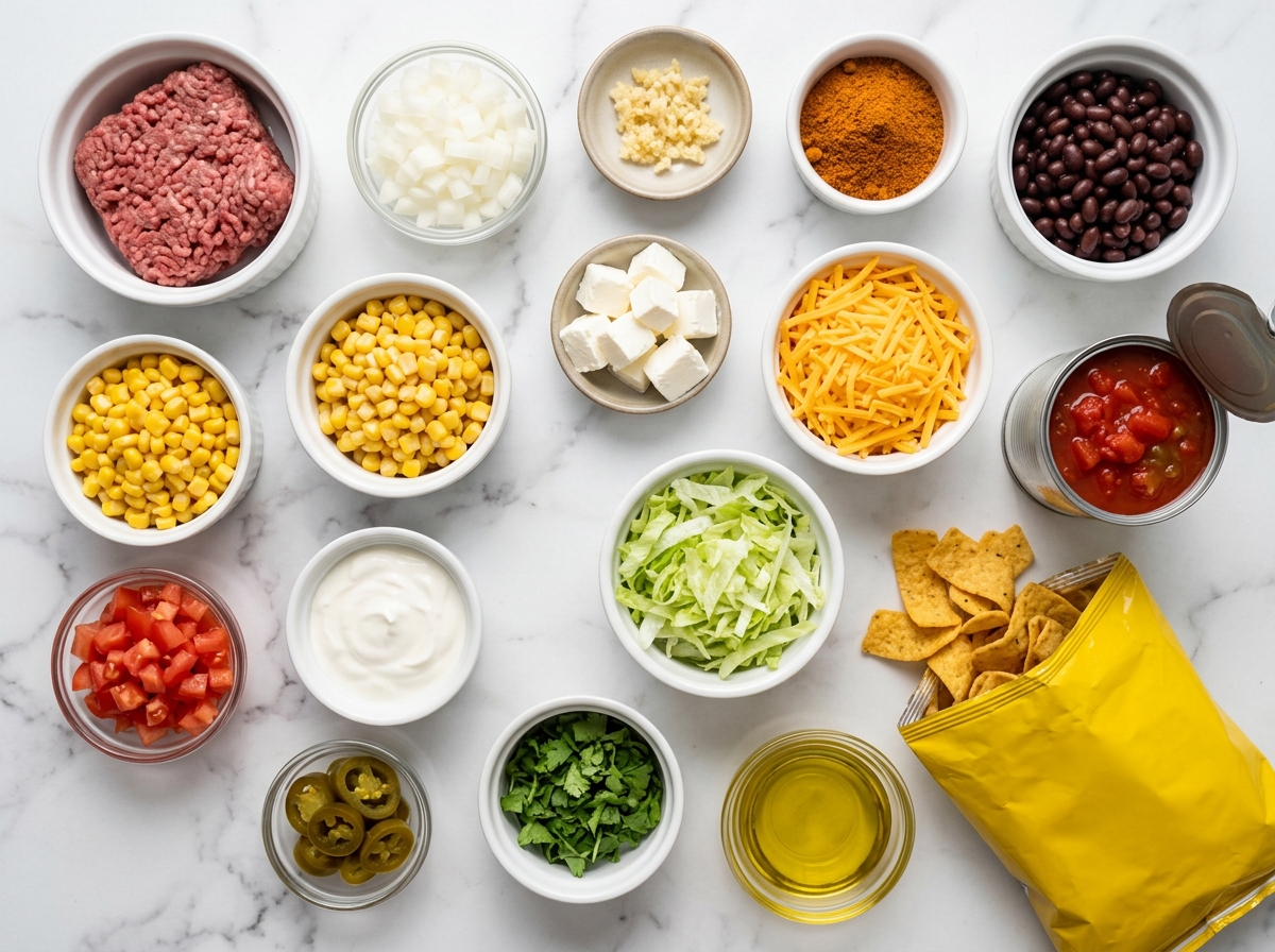 Ingredients for walking taco casserole with beef, corn chips, beans, and cheese