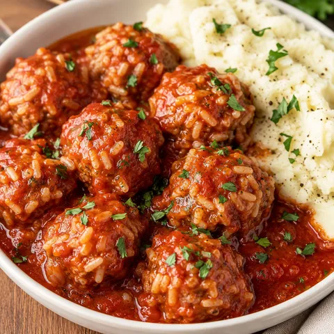 Porcupine meatballs in tomato sauce with parsley and mashed potatoes