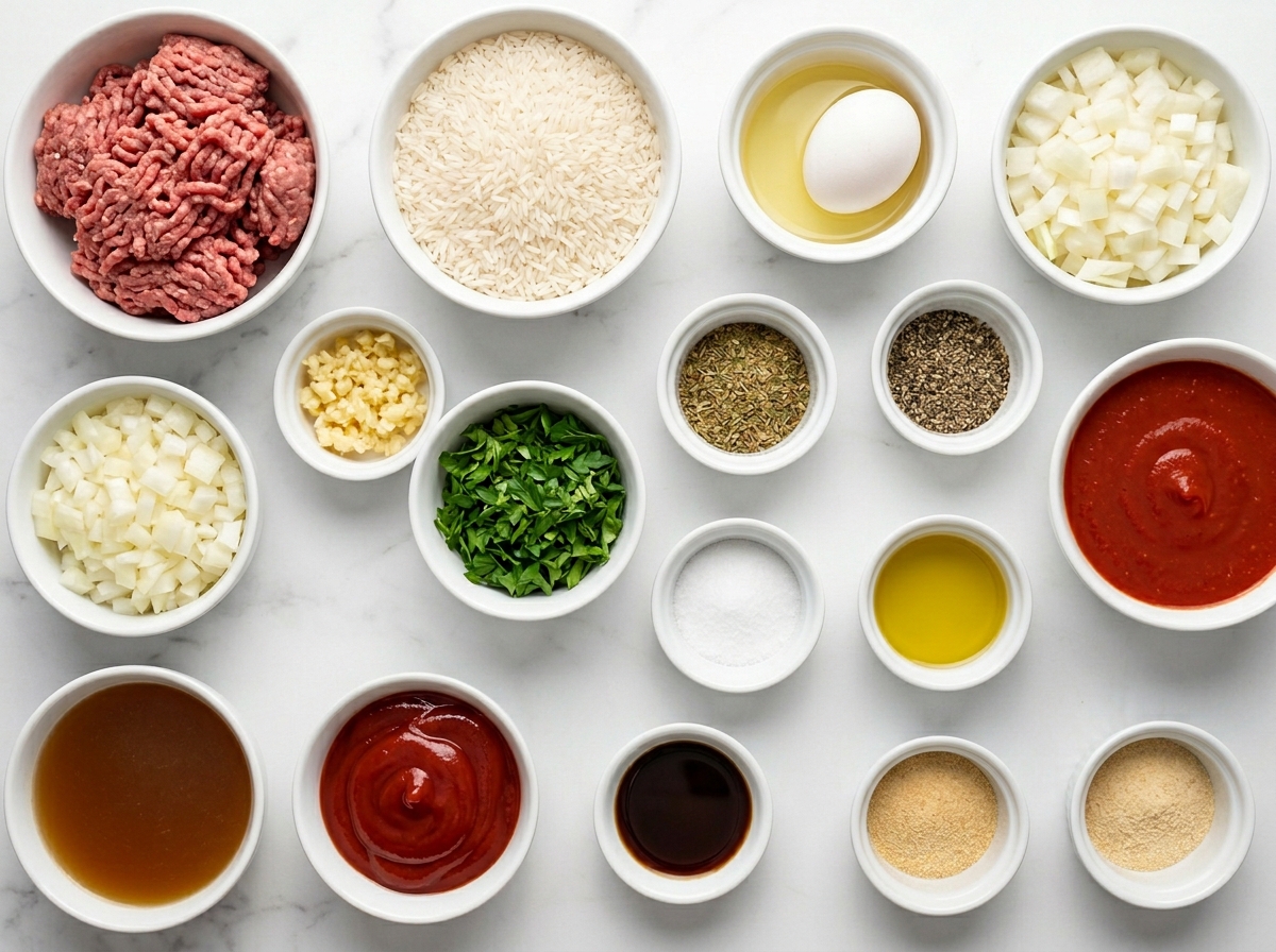 Raw ingredients for porcupine meatballs with beef rice and tomato sauce