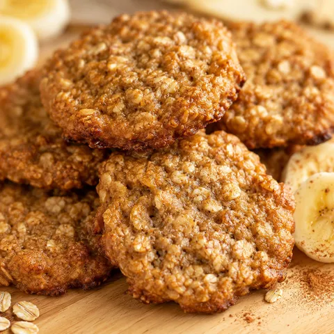 Flourless banana oat cookies stacked on a light wooden board with banana slices and cinnamon
