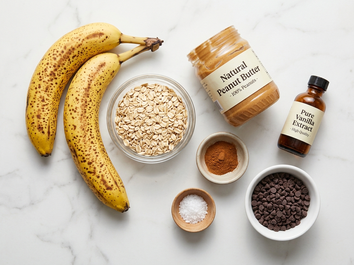 Ripe bananas, oats, peanut butter, vanilla, cinnamon, and chocolate chips on wood