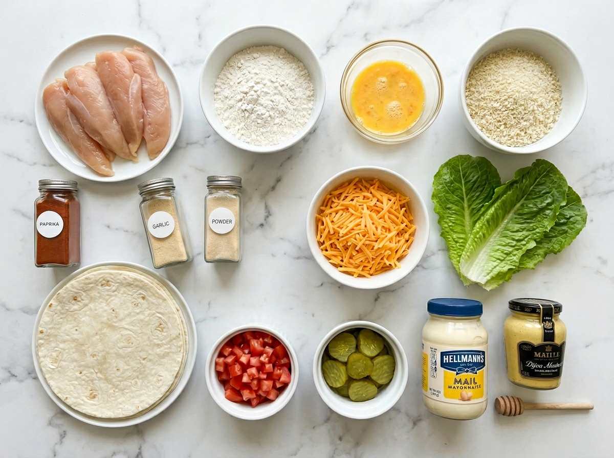 Raw ingredients for crispy chicken cheese wraps on a wooden surface