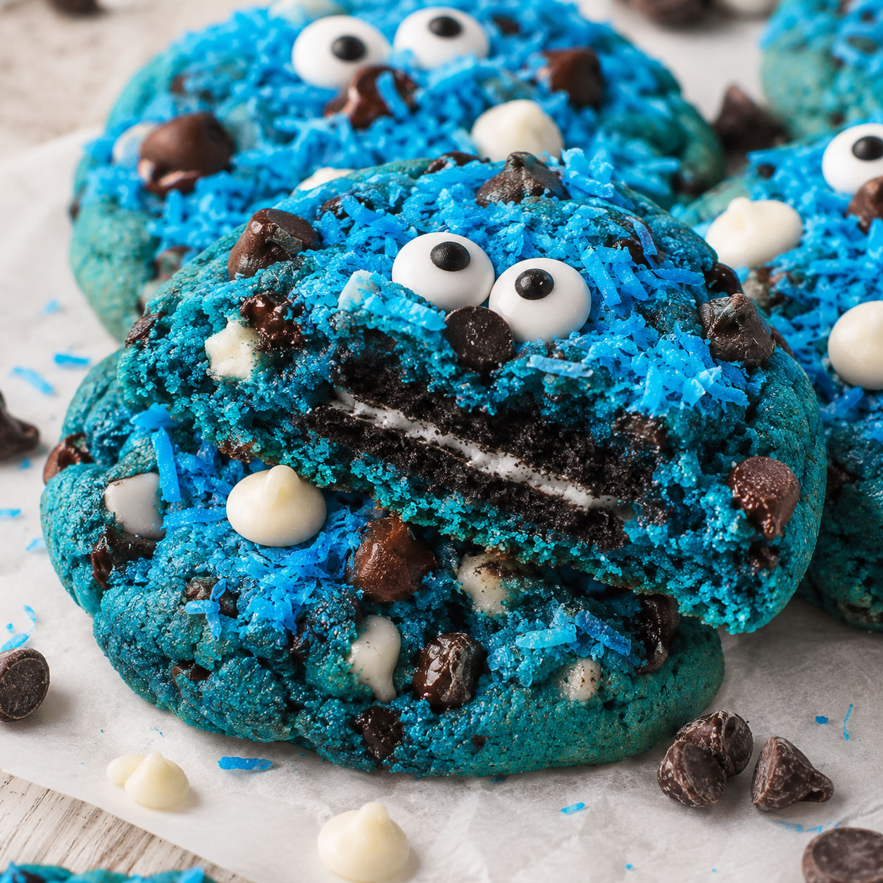 Blue furry monster cookies with Oreo centers and chocolate chips