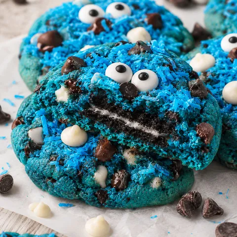 Blue furry monster cookies with Oreo centers and chocolate chips