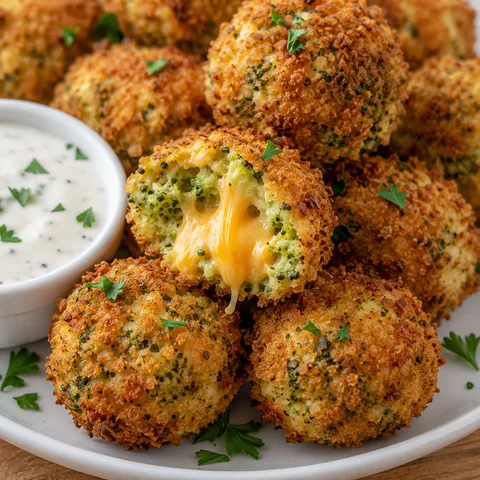 Crispy broccoli cheese balls with ranch dip and melted cheddar center