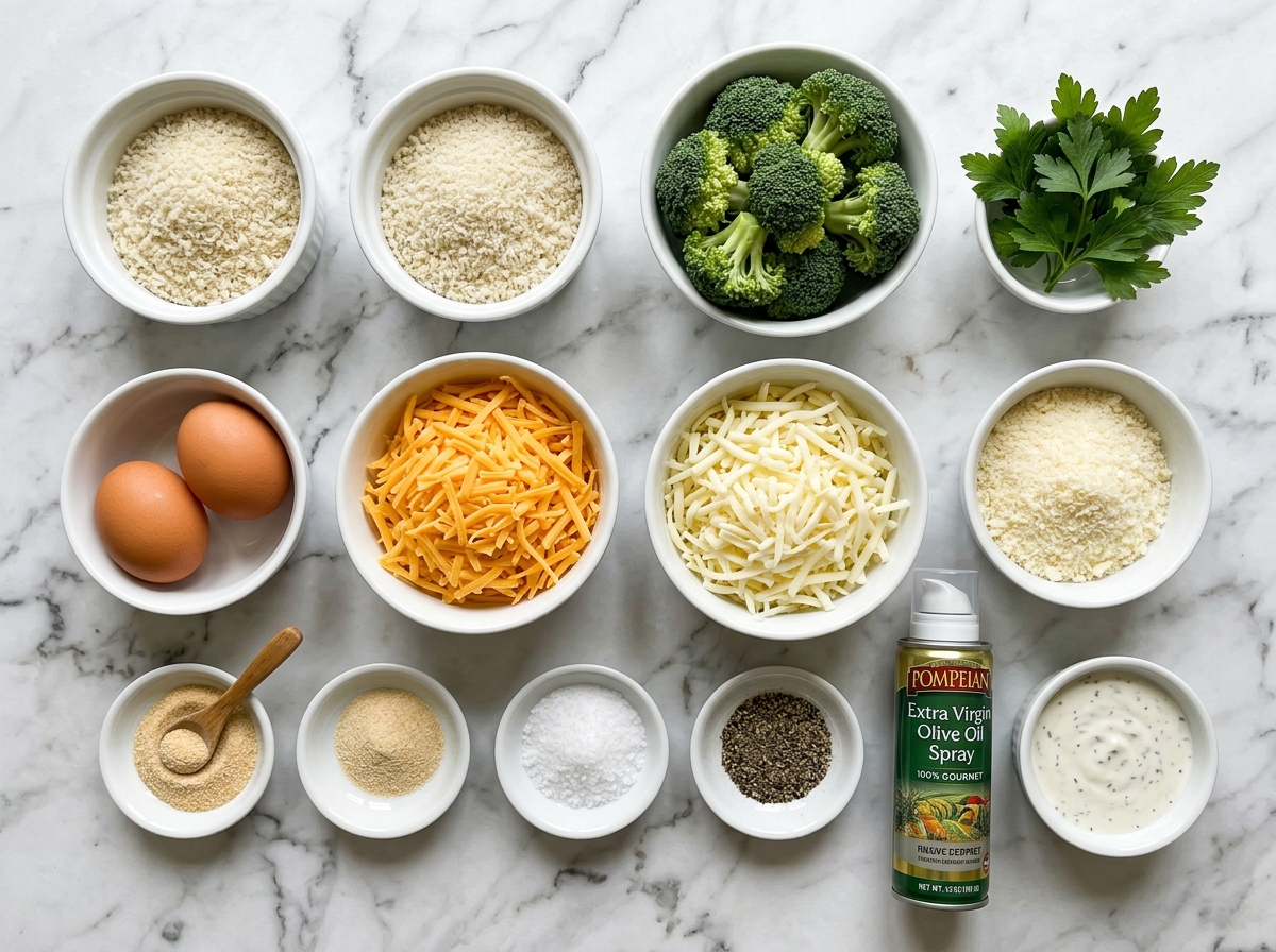 Ingredients for crispy broccoli cheese balls with cheddar, panko, eggs, and herbs