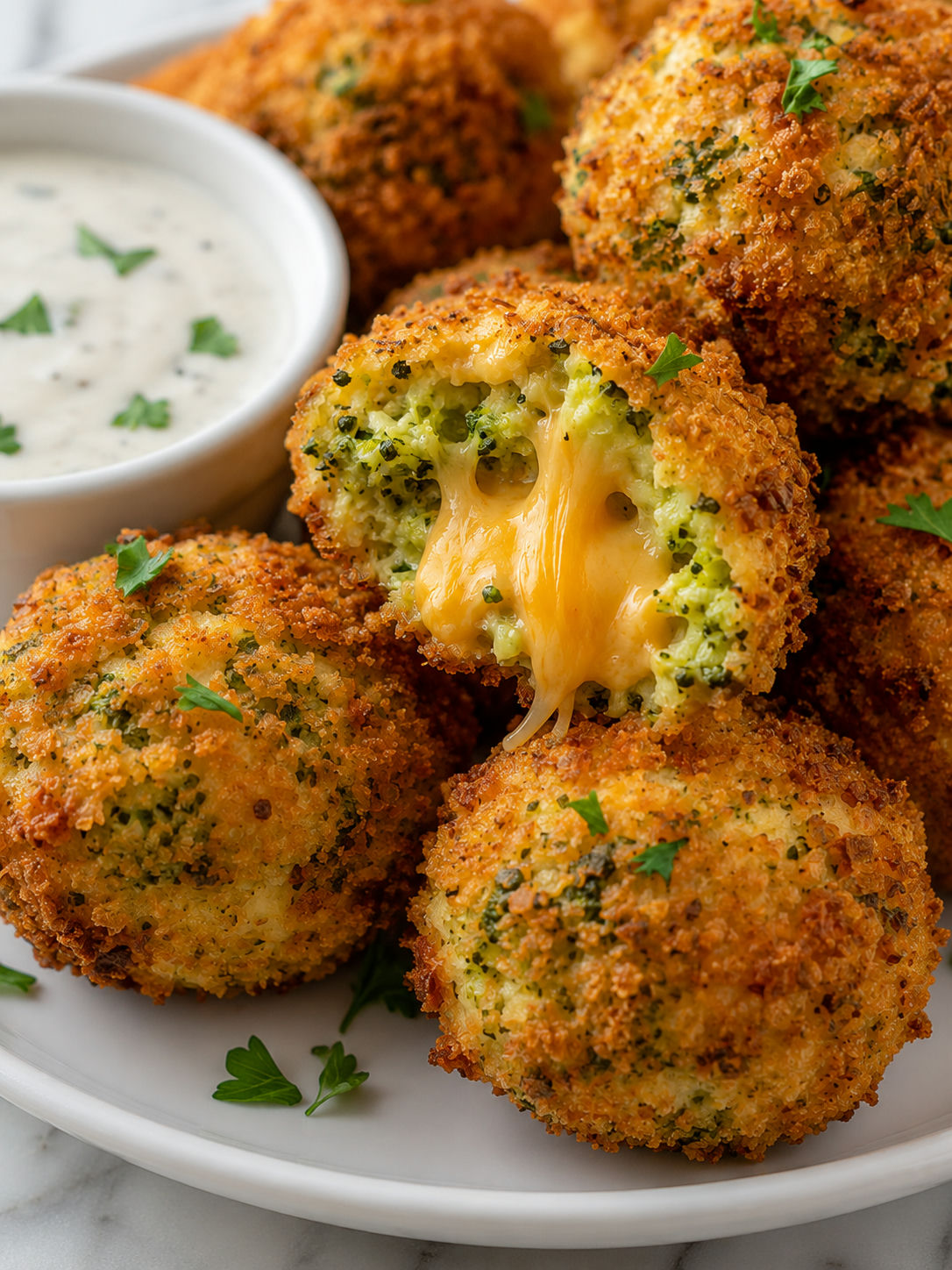 Delightful Crispy Broccoli Cheese Balls, plated and served